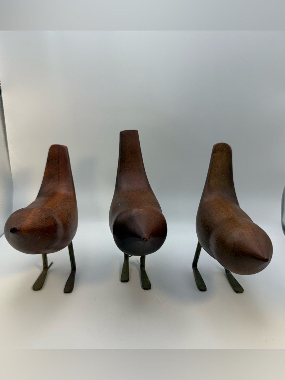 MCM Vintage Style Teak Wood Bird Sculptures Brass Legs Set of 3 Danish Modern